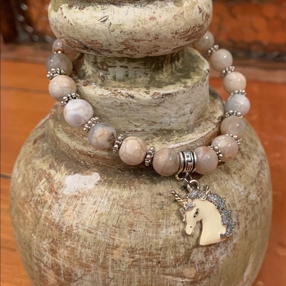 NEW Tibetan White Unicorn & Fire Agate Ball Stretchy Bracelet Approx. 7”… - Picture 3 of 7